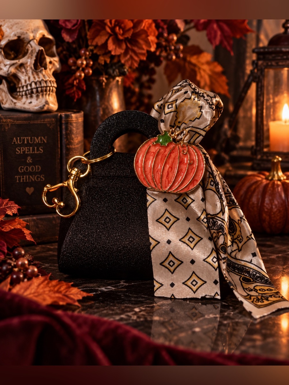 Black Mini Handbag with Ivory Patterned Scarf and Pumpkin Brooch